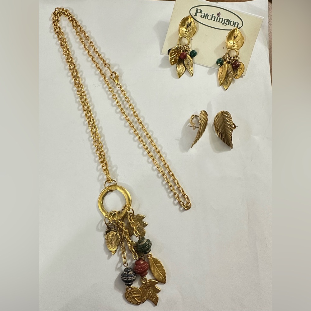 Patchington Gold Leaf Necklace and Earring Set with Red and Green Accents
